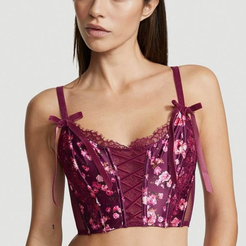 NWT Victoria's Secret Dream Angels Lace Up Burgundy Floral Corset Bra, Small